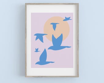Original Blue Birds in Flight DIGITAL DOWNLOAD – Minimalist Nature Printable Art, Peach Sun & Lavender Sky Poster for Home or Dorm Decor