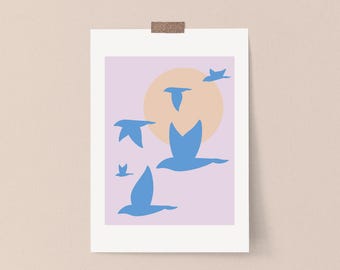 Original Blue Birds Art Print – Modern Nature Wall Art for Home or Dorm, Pastel Peach and Lavender Sky Poster, Physical Art Print