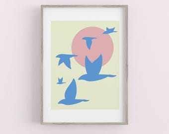 Original Blue Birds in Flight DIGITAL DOWNLOAD – Minimalist Nature Printable Wall Art, Pink Sun & Lime Sky Poster for Home or Dorm Decor