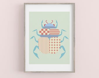 Original Scarab Beetle Art Print – Colorful Green Insect Wall Art, Modern Geometric Bug Poster for Kids Room, Office, or Gallery Wall Decor