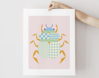 Original Scarab Beetle Art Print – Colorful Pink Insect Wall Art, Modern Geometric Bug Poster for Kids Room, Office, Gallery Wall Home Decor