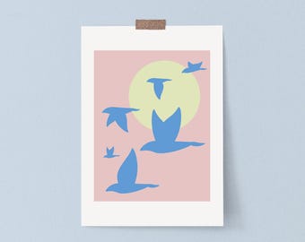 Original Blue Birds Art Print – Modern Nature Wall Art for Home or Dorm, Lime Sun and Sunset Pink Sky Poster, Physical Art Print