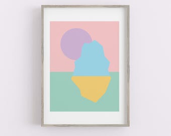 Original Abstract Pastel Iceberg Sunset Wall Art Print – Geometric Modern Poster for Home, Office, or Dorm Decor – Physical Art Print