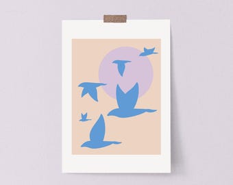 Original Blue Birds Art Print – Modern Nature Wall Art for Home or Dorm, Lavender Sun and Peach Sky Poster, Physical Art Print