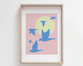 Original Blue Birds in Flight DIGITAL DOWNLOAD – Minimalist Nature Printable Wall Art, Peach & Lavender Sky Poster for Home or Dorm Decor