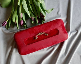 Antique Victorian French Red Velvet Glove / Jewelry Box with Red Silk Interior and golden ornaments - Gift for her