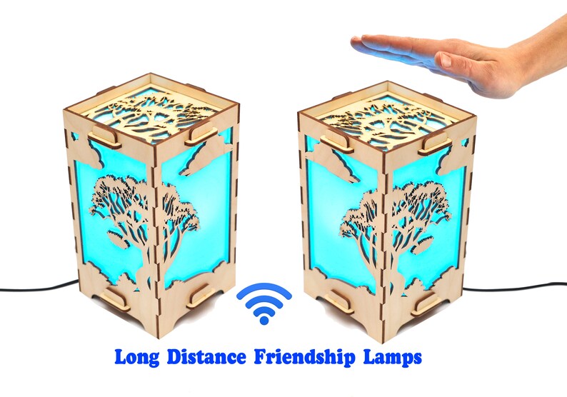 Set Of Two Long Distance Touch Lamps Gift For Best Friend Led Lamp Couple Kids Night Light Wooden Shade