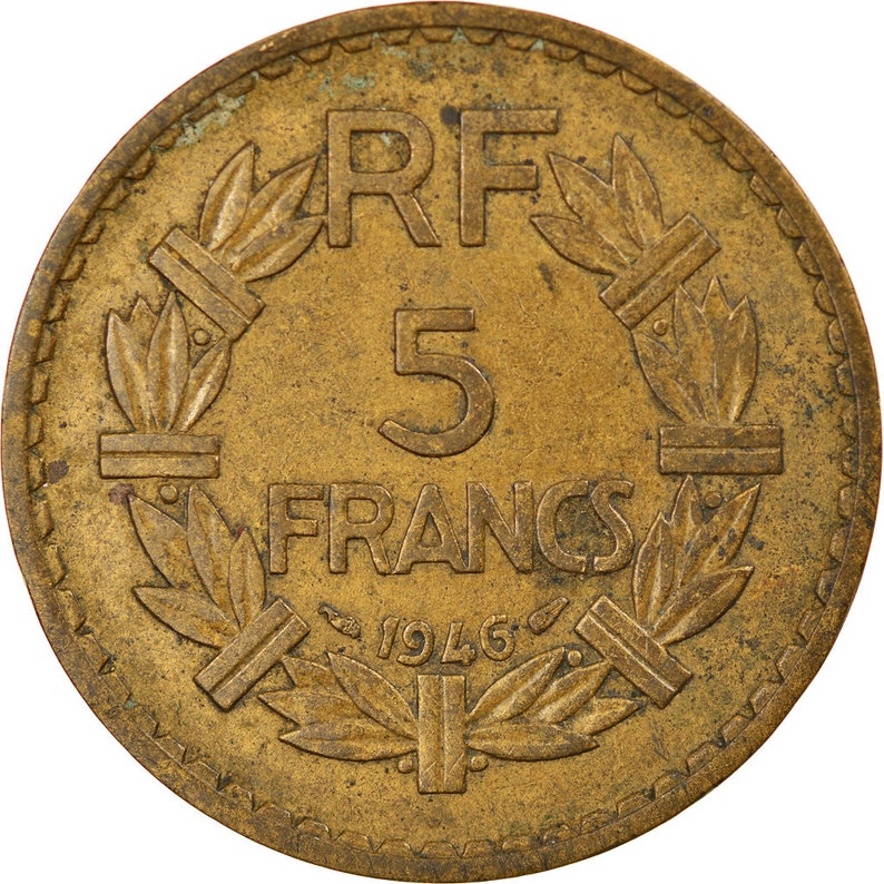 5 francs lavrillier france paris 20-25 aluminum-bronze coin 1946 vf