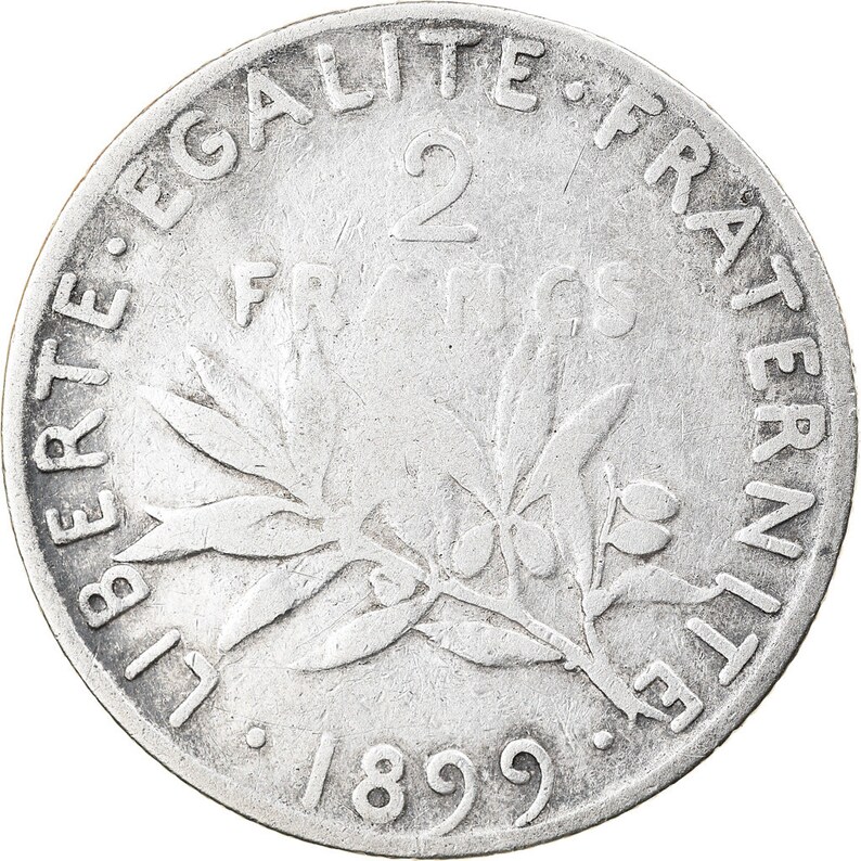 paris semeuse km:845.1 vf silver 2 francs coin 30-35 france 1899
