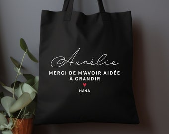 Sac personnalisé message pour maitresse, nounou, atsem, Tote bag merci de m'avoir aidé à grandir, Idée cadeau original femme en coton