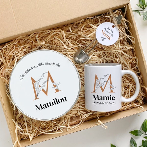 Coffret cadeau personnalisé pour mamie 2024, Kit à composer mug boite en métal et infuseur à thé, Ensemble avec thème monogramme terracotta