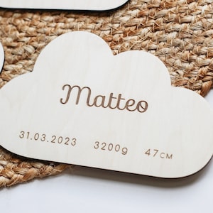 Nuage en bois, Plaque personnalisée prénom, Carte annonce naissance, accessoire pour séance photo bébé, déco chambre ou plaque de porte