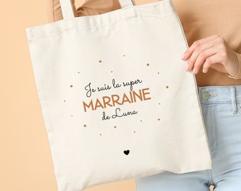 Sac personnalisé message pour marraine, Tote bag Super Marraine, Sac cabas avec texte libre, Cadeau original femme en coton