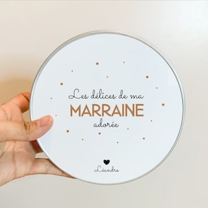 Boîte ronde pour Marraine à personnaliser⎜Récipient motif pois et texte orange terracotta ⎜Boite en métal pour bonbons et cookies