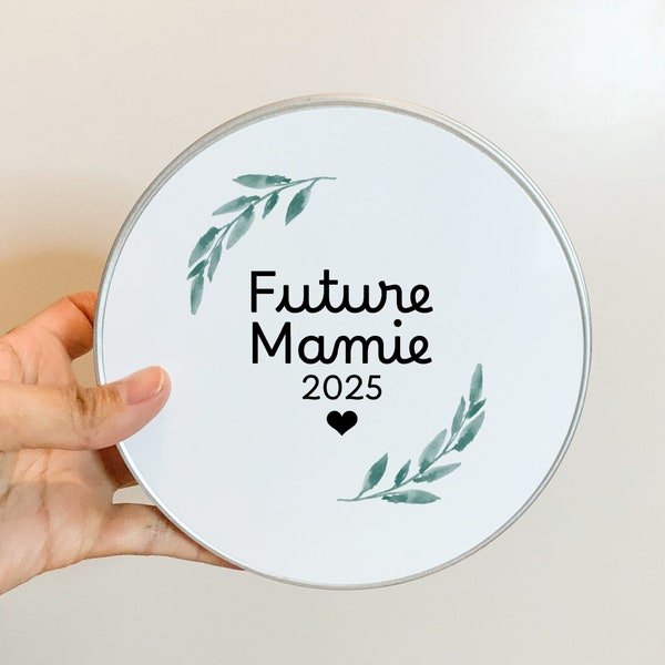 Boîte ronde à personnaliser pour Mamie⎜Récipient motif feuilles de laurier⎜Boite en métal pour annoncer une future naissance ⎜Fête des mères