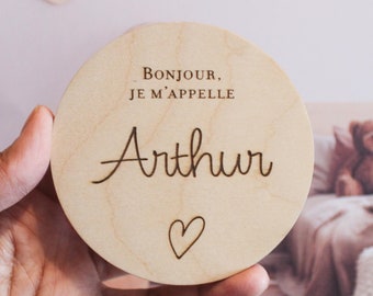 Carte Bonjour je m’appelle motif coeur, Carte en Bois personnalisée prénom, Accessoire photo pour annoncer naissance