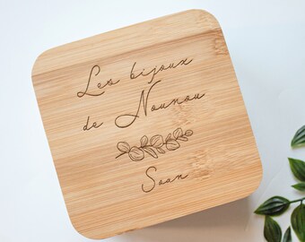 Boîte à Bijoux personnalisée, rangement maquillage avec miroir en bois, cadeau personnalisé pour nounou, marraine, maman, motif eucalyptus