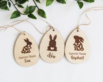 Etiquette en bois œuf de pâques | Etiquette personnalisée prénom et texte | Marque place avec motif lapin floral | Décoration de Pâques