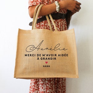Grand sac en jute merci de m'avoir aidé à grandir | Sac cabas personnalisé prénom | Sac de plage pour maîtresse, maman, nounou ou marraine
