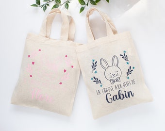 Sac de pâques personnalisé prénom, lapin pour enfant avec coeur ou étoiles, motif flocage