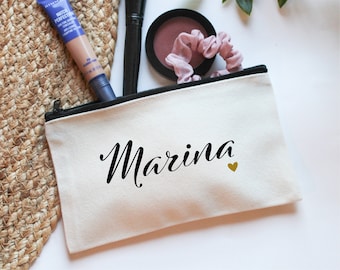 Bolsa de maquillaje personalizada con nombre, Mini bolsa de tela con patrón de corazón, accesorio EVJF, regalo de padrino y dama de honor