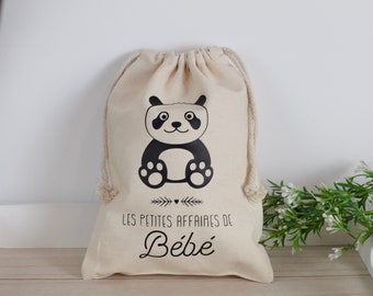 Pochon personnalisé, Pochon en coton, Les petites affaires de bébé, ours panda