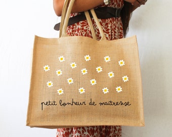 Bolso grande de yute con estampado de margaritas | Bolso tote personalizado con nombre o mensaje | Bolsa de playa para amante, madre, amiga, niñera o madrina.