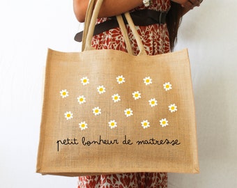 Grand sac en jute motif Marguerites |Sac cabas personnalisé prénom ou message | Sac de plage pour maîtresse, maman’ nounou ou marraine