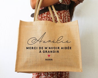 Grand sac en jute merci de m'avoir aidé à grandir | Sac cabas personnalisé prénom | Sac de plage pour maîtresse, maman, nounou ou marraine