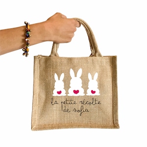 Small jute tote bag with rabbit pattern, for Easter egg hunt, personalized first name or text bag image 1