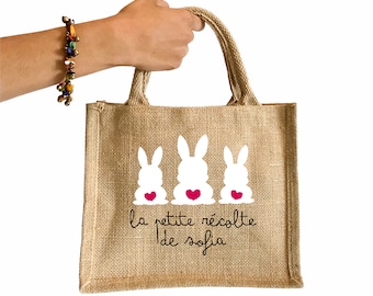 Petit sac cabas en jute motif lapins, pour chasse aux œufs de Pâques, sac personnalisé prénom ou texte