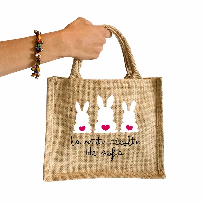 Petit sac cabas en jute motif lapins, pour chasse aux œufs de Pâques, sac personnalisé prénom ou texte image 2