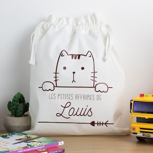 Pochon personnalisé chat, les petites affaires de, le petit bazar de, sac à linge sale, vêtements de rechange, sac à doudou image 1