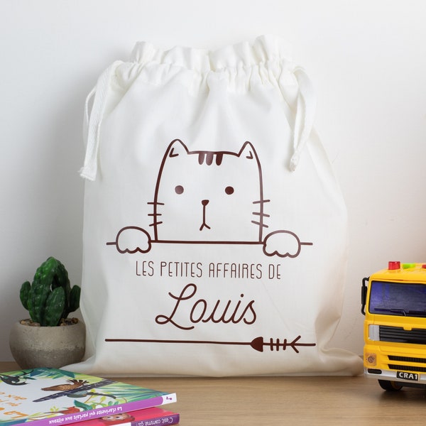 Pochon personnalisé chat, les petites affaires de, le petit bazar de, sac à linge sale, vêtements de rechange, sac à doudou