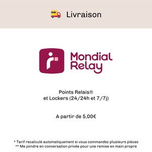 Pode incluir: Um logotipo vermelho com a letra "i" em um c&iacute;rculo, com o texto "Mondial Relay" em branco. O texto "Points Relais&reg; et Lockers (24/24h et 7/7j)" est&aacute; abaixo do logotipo. O texto "A partir de 5,00&euro;" est&aacute; abaixo do texto. O texto "* Tarif recalcul&eacute; automatiquement si vous commandez plusieurs pi&egrave;ces ** Me joindre en conversation priv&eacute;e pour une remise en main propre" est&aacute; na parte inferior da imagem.