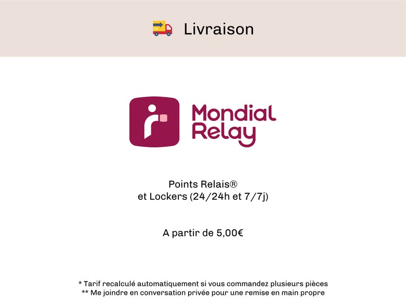 Pode incluir: Um logotipo vermelho com a letra "i" em um c&iacute;rculo, com o texto "Mondial Relay" em branco. O texto "Points Relais&reg; et Lockers (24/24h et 7/7j)" est&aacute; abaixo do logotipo. O texto "A partir de 5,00&euro;" est&aacute; abaixo do texto. O texto "* Tarif recalcul&eacute; automatiquement si vous commandez plusieurs pi&egrave;ces ** Me joindre en conversation priv&eacute;e pour une remise en main propre" est&aacute; na parte inferior da imagem.