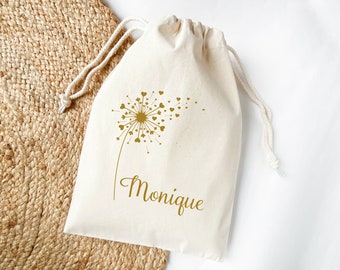 Pochon personnalisé prénom ou texte avec motif pissenlit, Sac cadeau en coton pour départ en retraite, Pochette en tissu pour un voyage