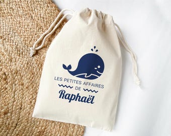 Whale pouch, Personalized name bag, Small items, Sailor drawstring pouch, Nursery bag, Newborn outfit