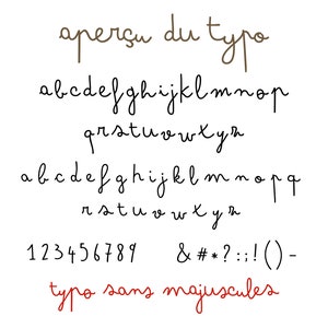 Pode incluir: Um alfabeto de fonte manuscrito em tinta preta com um t&iacute;tulo em tinta marrom "aper&ccedil;u du typo". O alfabeto min&uacute;sculo &eacute; mostrado duas vezes, seguido pelos n&uacute;meros de 1 a 9 e sinais de pontua&ccedil;&atilde;o. A frase "typo sans majuscules" est&aacute; escrita em tinta vermelha.