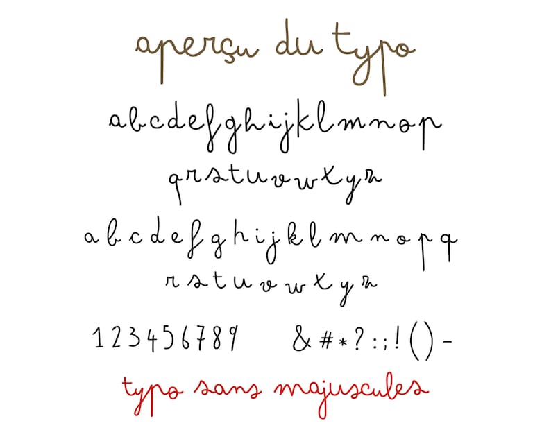 Pode incluir: Um alfabeto de fonte manuscrito em tinta preta com um t&iacute;tulo em tinta marrom "aper&ccedil;u du typo". O alfabeto min&uacute;sculo &eacute; mostrado duas vezes, seguido pelos n&uacute;meros de 1 a 9 e sinais de pontua&ccedil;&atilde;o. A frase "typo sans majuscules" est&aacute; escrita em tinta vermelha.