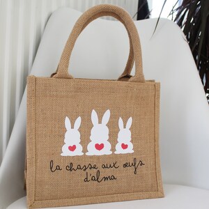 Small jute tote bag with rabbit pattern, for Easter egg hunt, personalized first name or text bag image 7