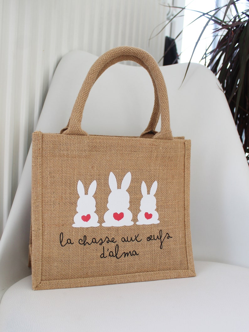 Petit sac cabas en jute motif lapins, pour chasse aux œufs de Pâques, sac personnalisé prénom ou texte image 7
