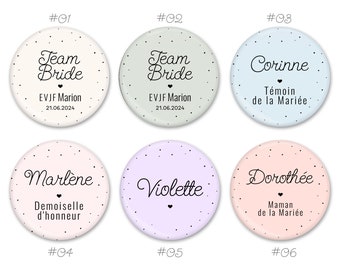 Badge Miroir Magnet Pastel confettis pour EVJF, Accessoire personnalisé événementiel, Miroir pour la Mariée, Badge pour témoin et demoiselle