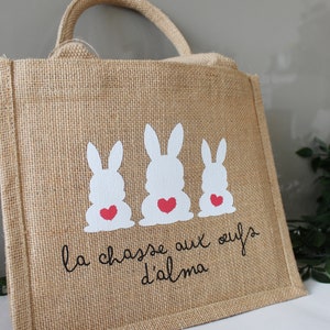 Small jute tote bag with rabbit pattern, for Easter egg hunt, personalized first name or text bag image 8