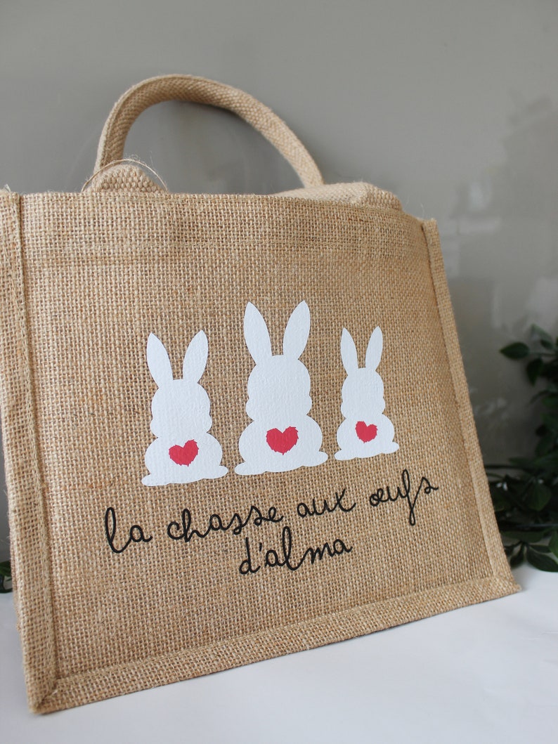 Small jute tote bag with rabbit pattern, for Easter egg hunt, personalized first name or text bag image 8