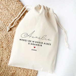 Pochon personnalisé merci de m'avoir aidé à grandir, coeur trendy, sac en coton couleur neutre pour emballage cadeau, Etui petites affaires