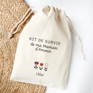 Pochon Maman floral personnalisé, Kit de Survie de ma Maman d'amour, Kit Maman avec prénom de bébé, Sac fleurs pour petit bazar, kit automne