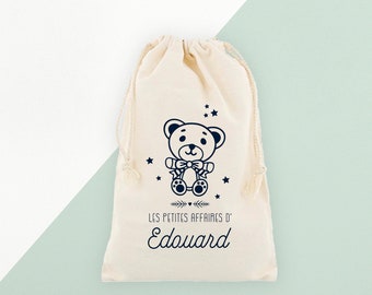 Pochon personnalisé, Pochon en coton, Les petites affaires de bébé, ours peluche