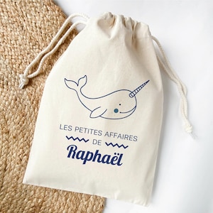 Pochon narval garçon, Sac personnalisé prénom, Les petites affaires, Pochon à cordelettes marin, Sac crèche maternelle, Tenue naissance