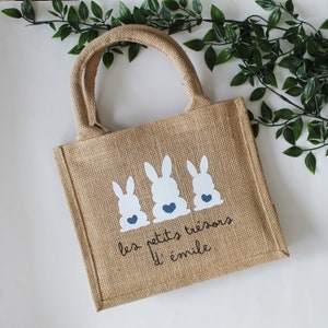 Small jute tote bag with rabbit pattern, for Easter egg hunt, personalized first name or text bag image 5